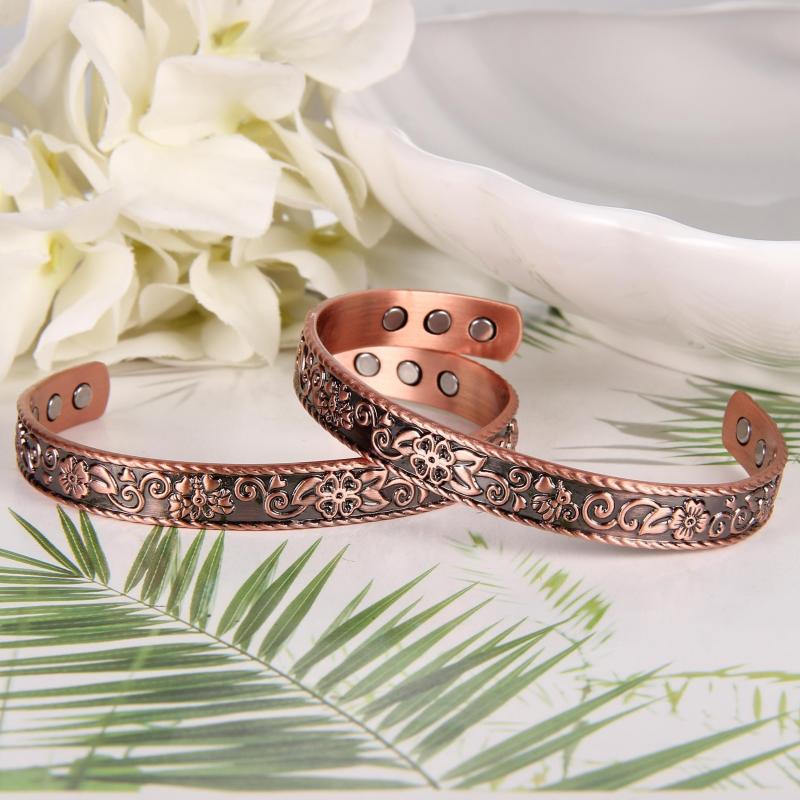 Copper Magnetic Bracelet Flower Pattern Cuff Bangle Adjustable with 6 Magnets
