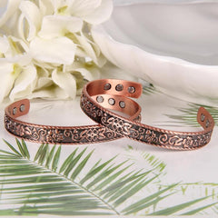 Copper Magnetic Bracelet Flower Pattern Cuff Bangle Adjustable with 6 Magnets