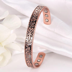 Copper Magnetic Bracelet Flower Pattern Cuff Bangle Adjustable with 6 Magnets