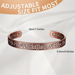 Copper Magnetic Bracelet Flower Pattern Cuff Bangle Adjustable with 6 Magnets