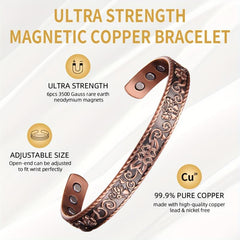 Copper Magnetic Bracelet Flower Pattern Cuff Bangle Adjustable with 6 Magnets