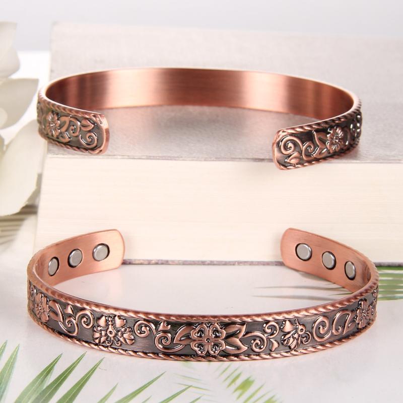 Copper Magnetic Bracelet Flower Pattern Cuff Bangle Adjustable with 6 Magnets