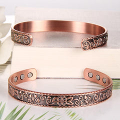 Copper Magnetic Bracelet Flower Pattern Cuff Bangle Adjustable with 6 Magnets