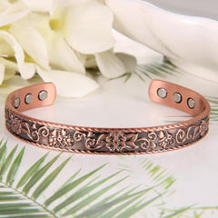 Copper Magnetic Bracelet Flower Pattern Cuff Bangle Adjustable with 6 Magnets