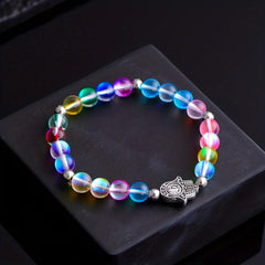 Natural Moonstone Bracelet Rainbow Glass Beads Bangle