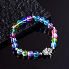 Natural Moonstone Bracelet Rainbow Glass Beads Bangle