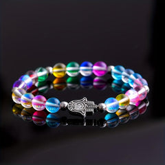 Natural Moonstone Bracelet Rainbow Glass Beads Bangle