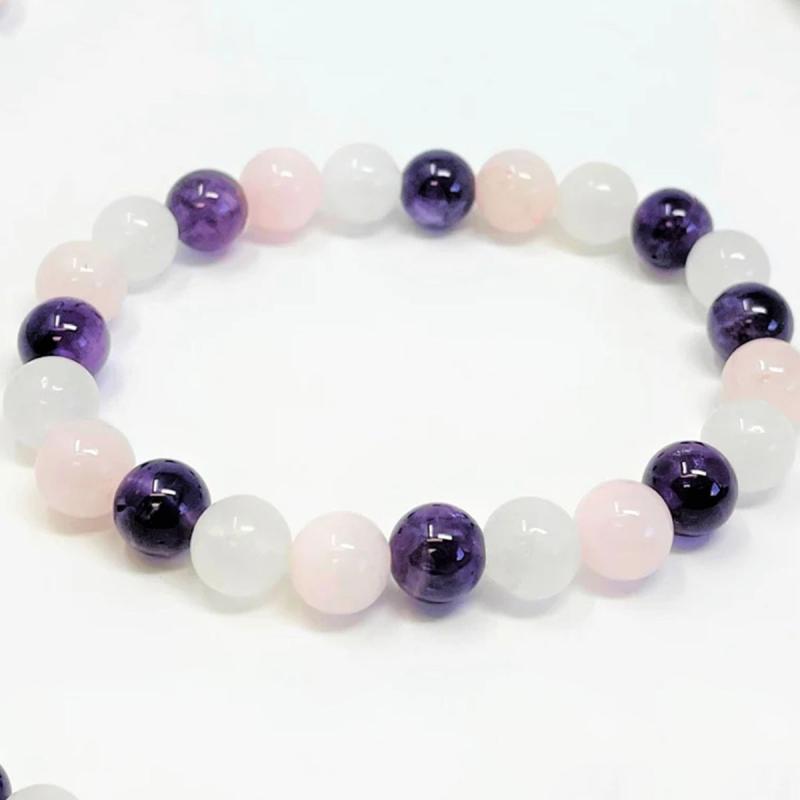 Crystal Bracelet Amethyst Clear Quartz Rose Quartz Combo Round Crystals Stretch