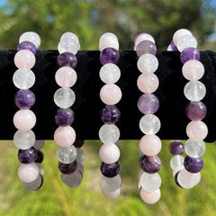 Crystal Bracelet Amethyst Clear Quartz Rose Quartz Combo Round Crystals Stretch