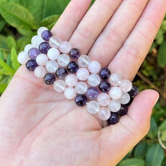 Crystal Bracelet Amethyst Clear Quartz Rose Quartz Combo Round Crystals Stretch