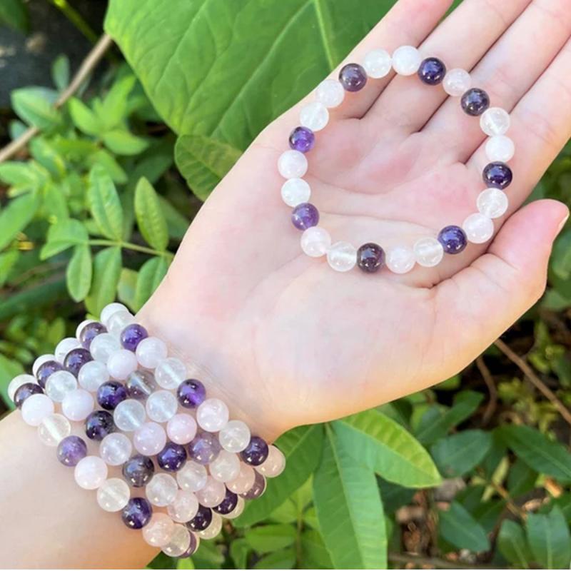 Crystal Bracelet Amethyst Clear Quartz Rose Quartz Combo Round Crystals Stretch