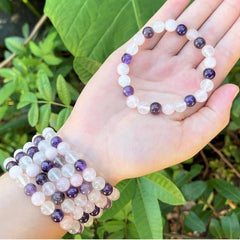 Crystal Bracelet Amethyst Clear Quartz Rose Quartz Combo Round Crystals Stretch