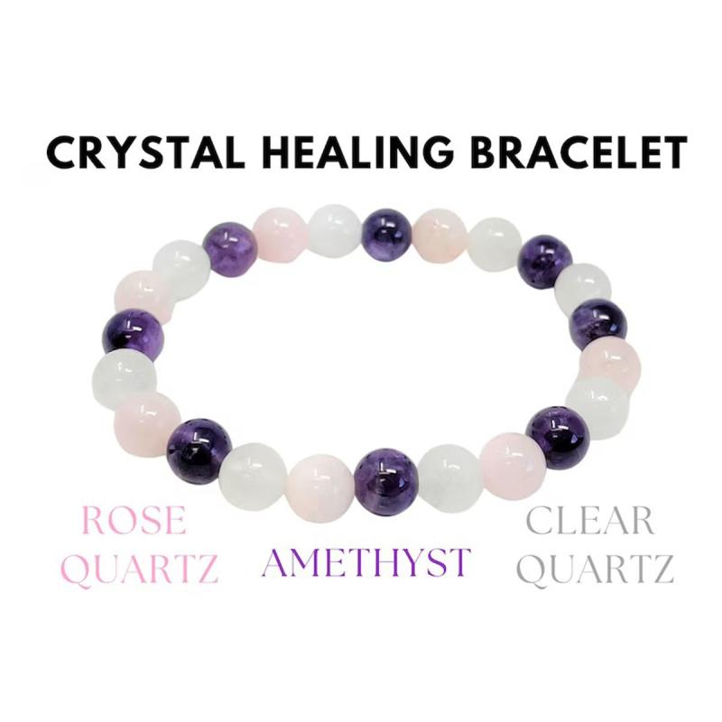 Crystal Bracelet Amethyst Clear Quartz Rose Quartz Combo Round Crystals Stretch