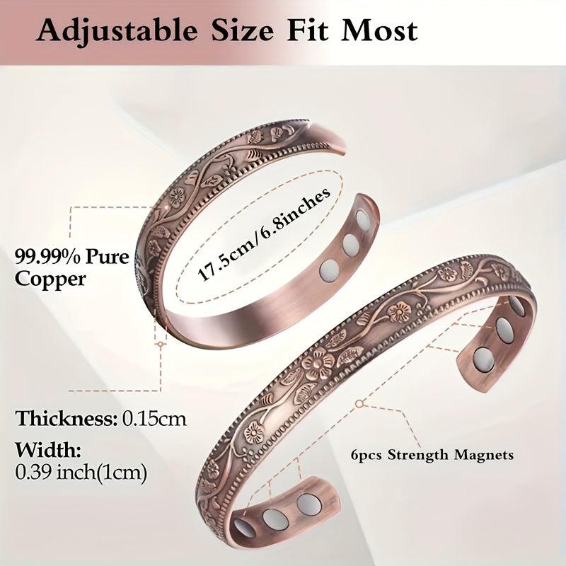 Vintage Flower Adjustable Copper Magnetic Bracelet for Women
