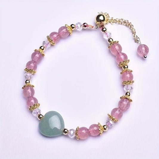 Strawberry Quartz Green Heart Bracelet Raw Crystal Home Decor