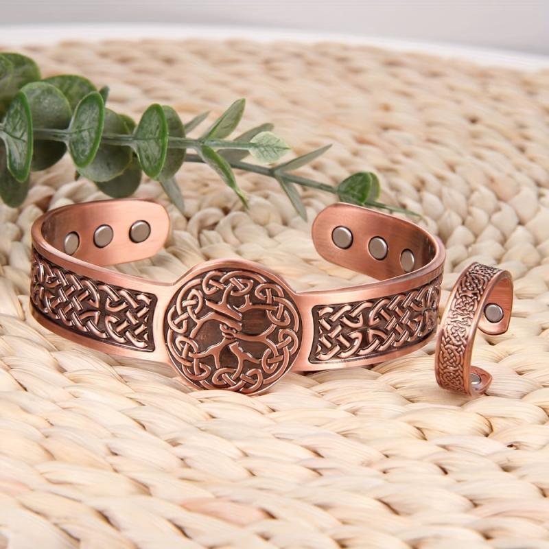 Men's Copper Magnetic Bracelet Ring Set - Vintage Pattern with Neodymium Magnets