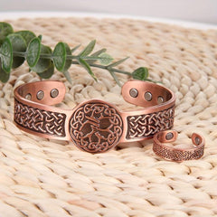 Men's Copper Magnetic Bracelet Ring Set - Vintage Pattern with Neodymium Magnets