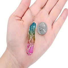 Rainbow Quartz Crystal Tree Of Life Pendant Necklace