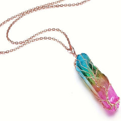 Rainbow Quartz Crystal Tree Of Life Pendant Necklace