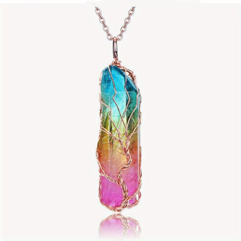 Rainbow Quartz Crystal Tree Of Life Pendant Necklace