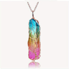Rainbow Quartz Crystal Tree Of Life Pendant Necklace