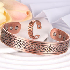 2pcs Copper Bracelets For Men And Copper Ring Grid Pattern Copper Bracelet