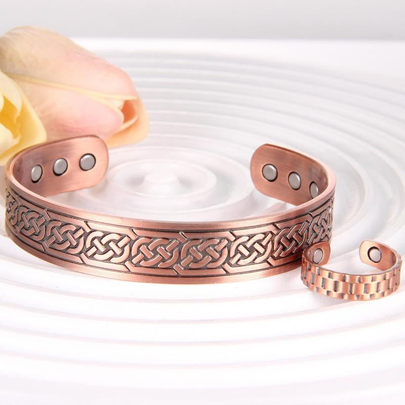 2pcs Copper Bracelets For Men And Copper Ring Grid Pattern Copper Bracelet