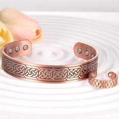 2pcs Copper Bracelets For Men And Copper Ring Grid Pattern Copper Bracelet