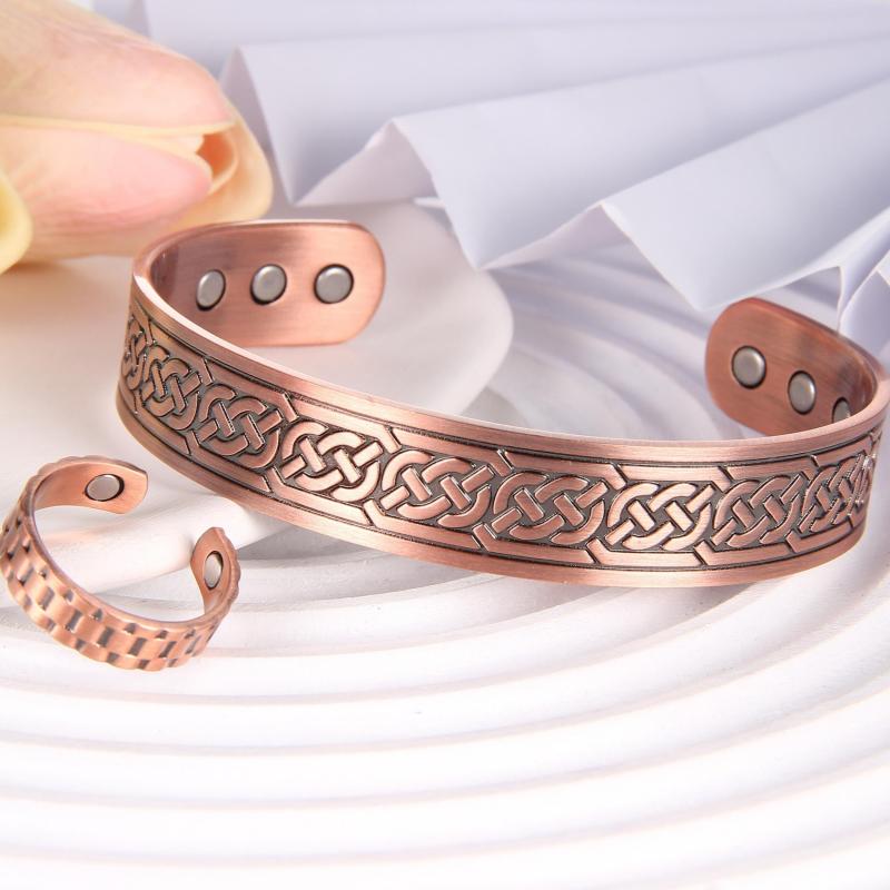 2pcs Copper Bracelets For Men And Copper Ring Grid Pattern Copper Bracelet