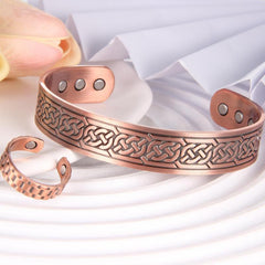 2pcs Copper Bracelets For Men And Copper Ring Grid Pattern Copper Bracelet