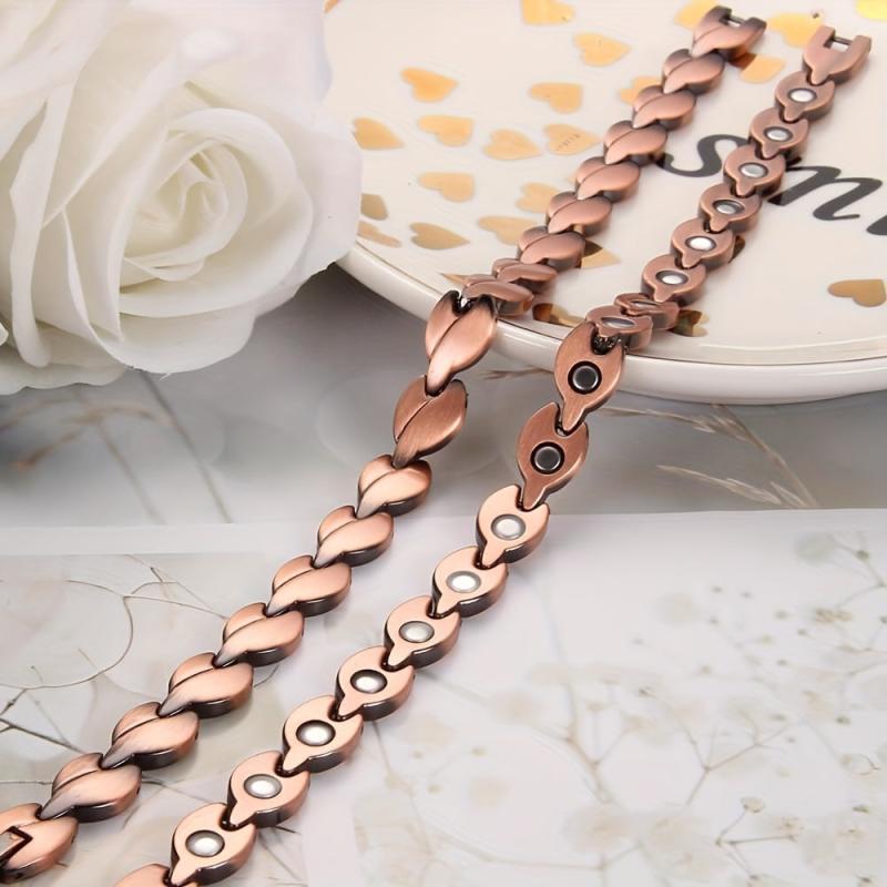 Copper Bracelet For Women - Solid Copper Magnetic Leaf Shape Link Jewelry