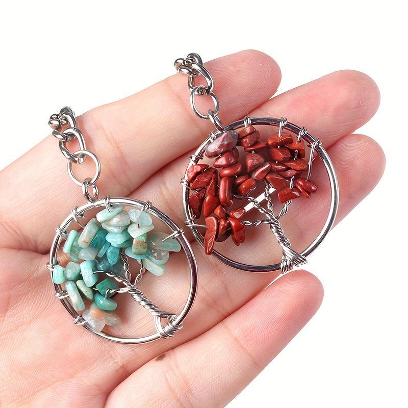 Natural Crystal Tree Of Life Keychain Raw Stone Woven Pendant