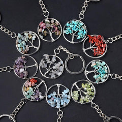 Natural Crystal Tree Of Life Keychain Raw Stone Woven Pendant