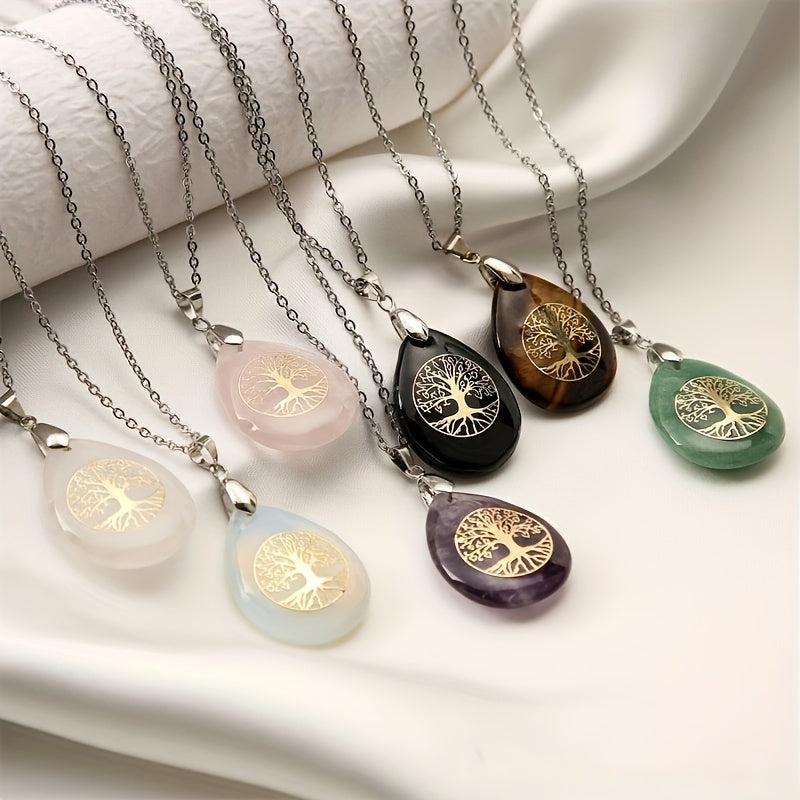 Life Tree Water Drop Crystal Pendant Necklace