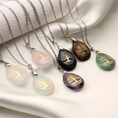 Life Tree Water Drop Crystal Pendant Necklace