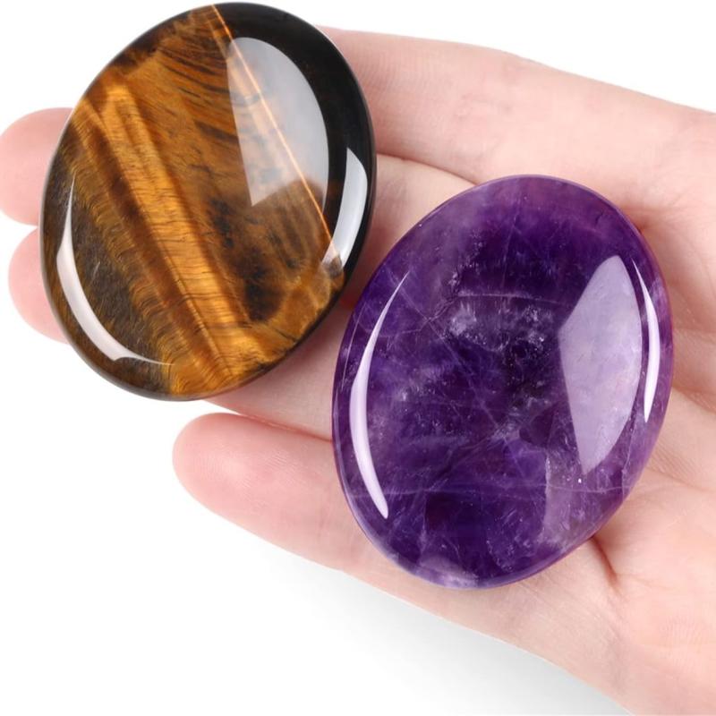 2PCS Tiger's Eye Amethyst Thumb Stones Oval Shaped Crystal