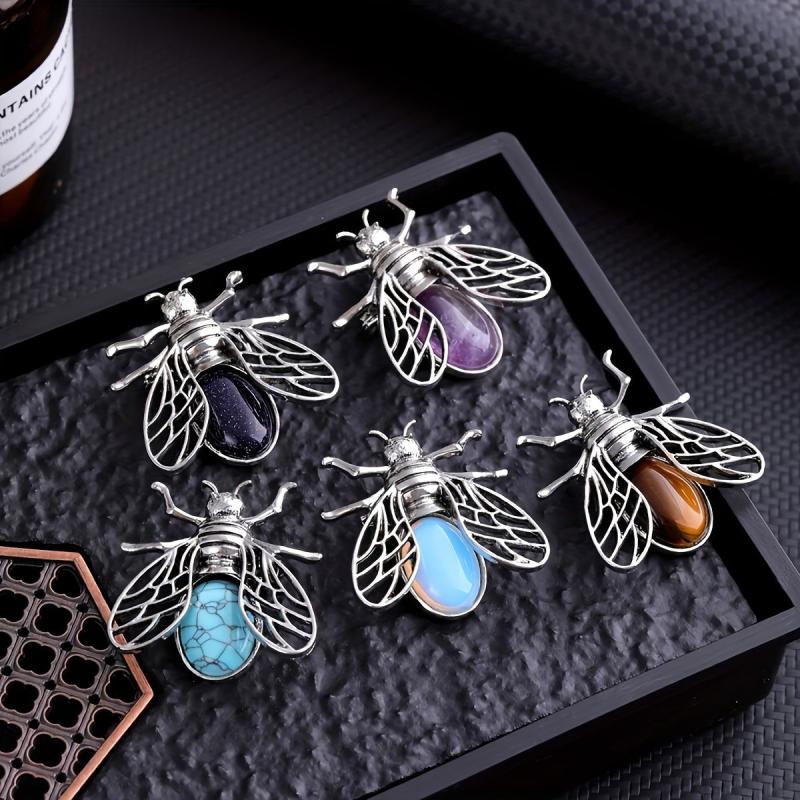 Natural Crystal Bee Insect Brooch Pendant Reiki Healing DIY Jewelry