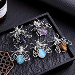 Natural Crystal Bee Insect Brooch Pendant Reiki Healing DIY Jewelry