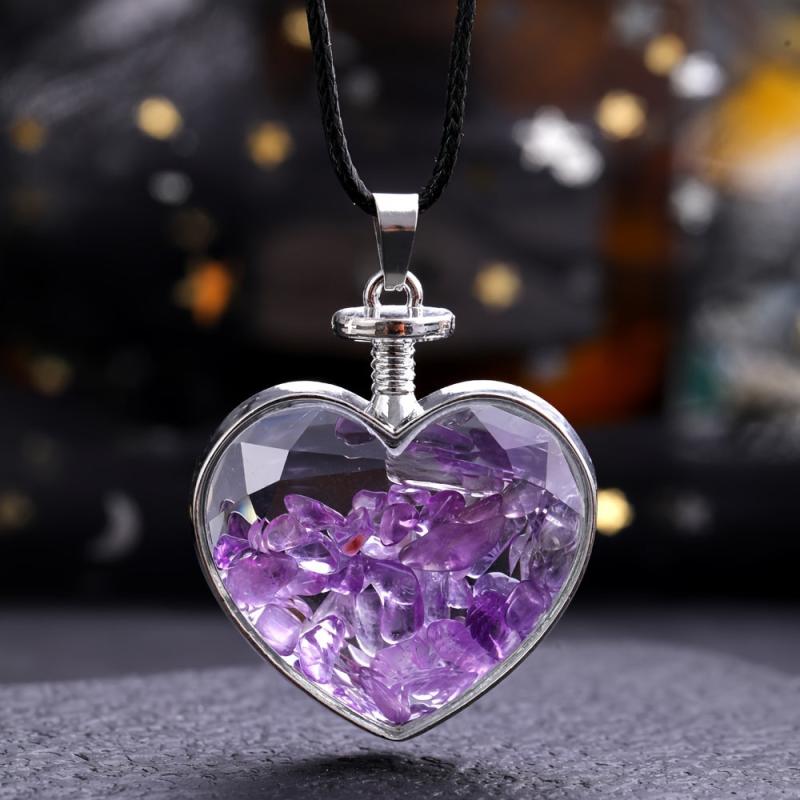Natural Stone Heart Shaped Wishing Bottle Pendant Healing Crystal DIY Jewelry