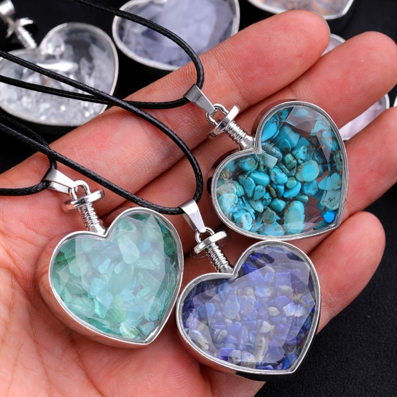 Natural Stone Heart Shaped Wishing Bottle Pendant Healing Crystal DIY Jewelry