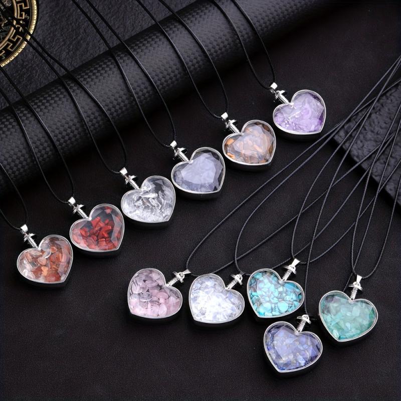 Natural Stone Heart Shaped Wishing Bottle Pendant Healing Crystal DIY Jewelry