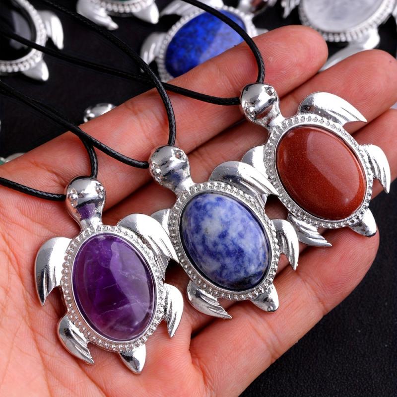 1PC Natural Stone Pendant Turtle Healing Crystal Necklace DIY Decoration Jewelry