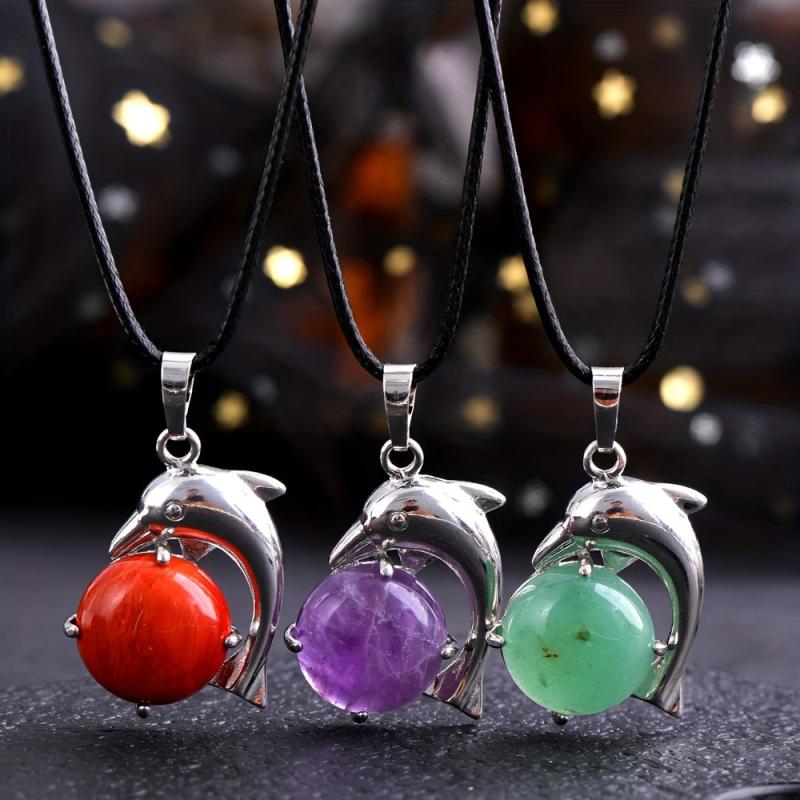 Natural Stone Dolphin Pendant Crystal Stone Pendant Necklace DIY Jewelry