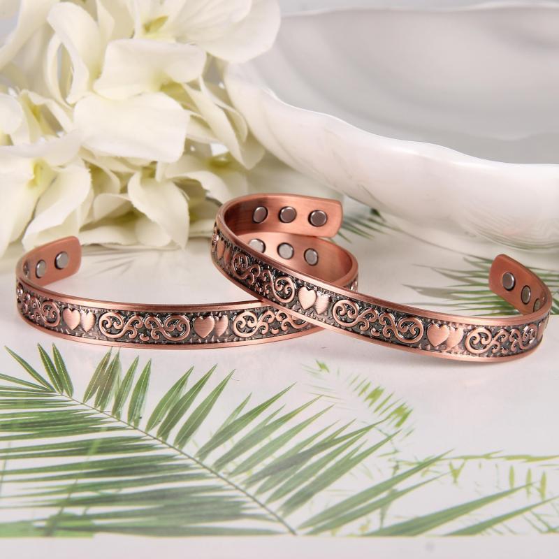Copper Bracelet Double Heart Magnetic Cuff Bangle 6 Magnets 3500 Gauss