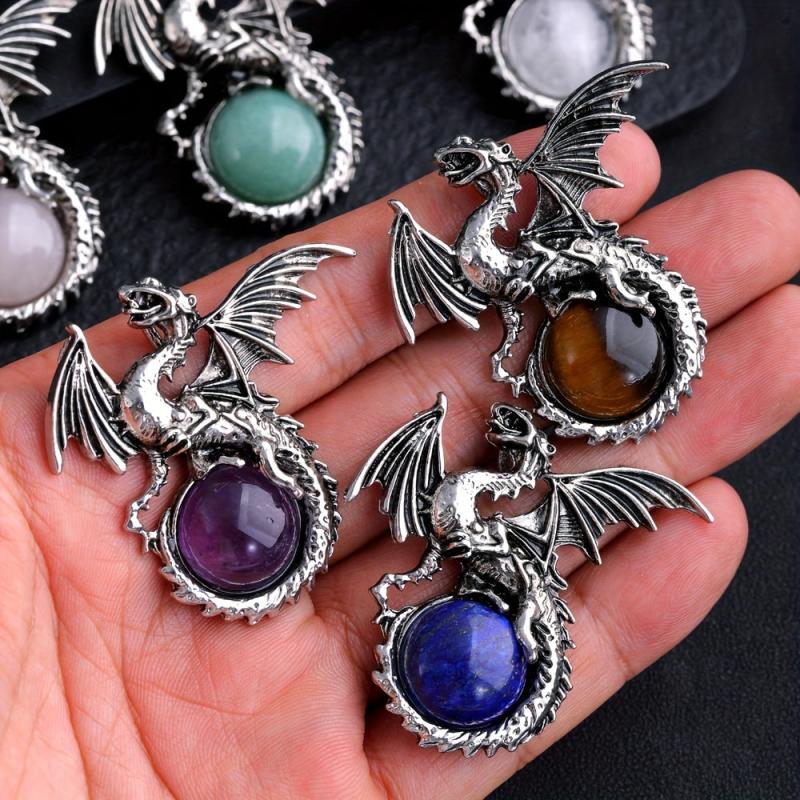 Vintage Viking Dragon Pendant Healing Crystal Necklace