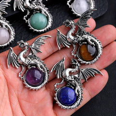 Vintage Viking Dragon Pendant Healing Crystal Necklace