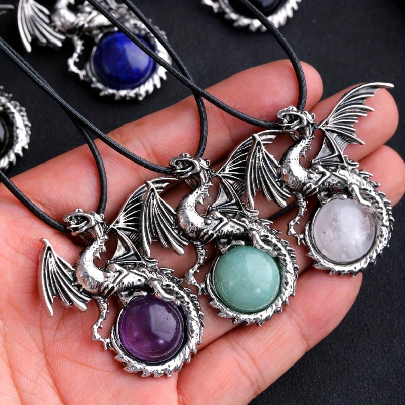 Vintage Viking Dragon Pendant Healing Crystal Necklace