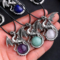 Vintage Viking Dragon Pendant Healing Crystal Necklace