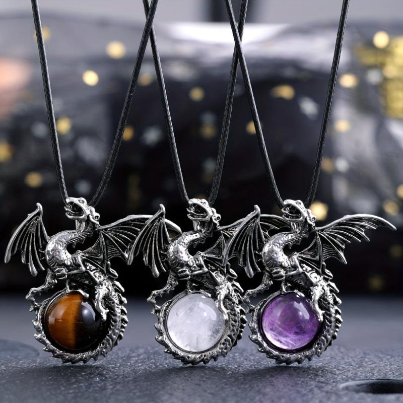 Vintage Viking Dragon Pendant Healing Crystal Necklace