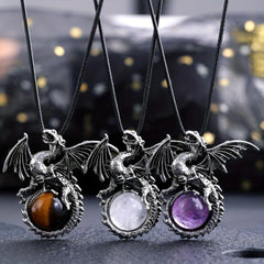 Vintage Viking Dragon Pendant Healing Crystal Necklace